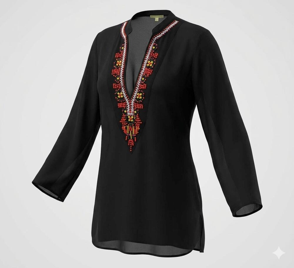 Gianni Bini Resortwear Black Chiffon Beaded Tunic Cover-Up Boho Indie Festival M